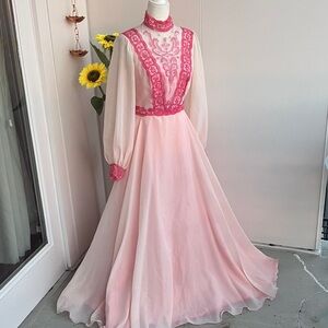 Vintage 60s 70s Pastel Pink and Fuchsia Lace Floor Length Formal Maxi Dress
